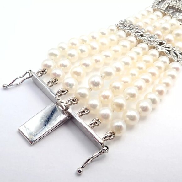 Vintage Estate 18k White Gold Diamond 7 Row 4.5mm Pearl Bracelet - Picture 8 of 15